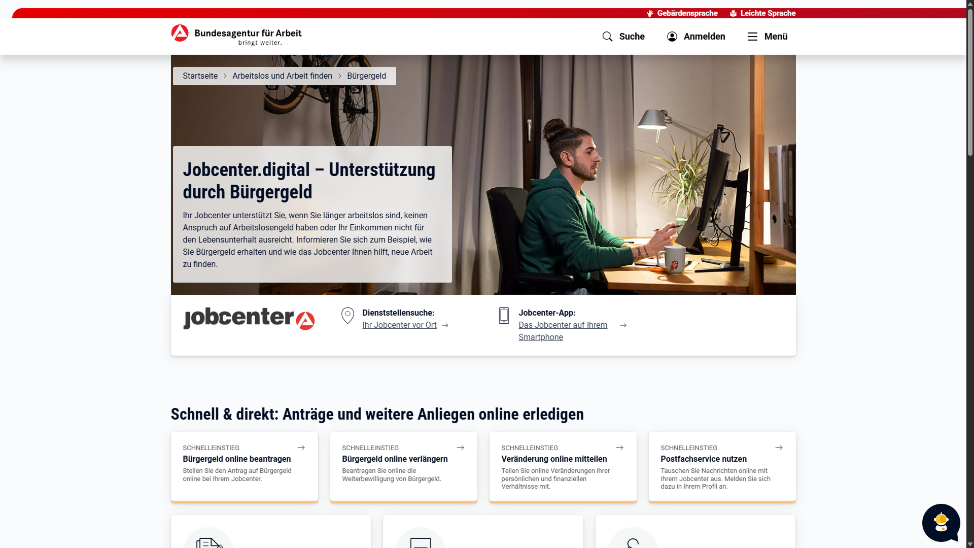 original top menu and hero section of Jobcenter Digital